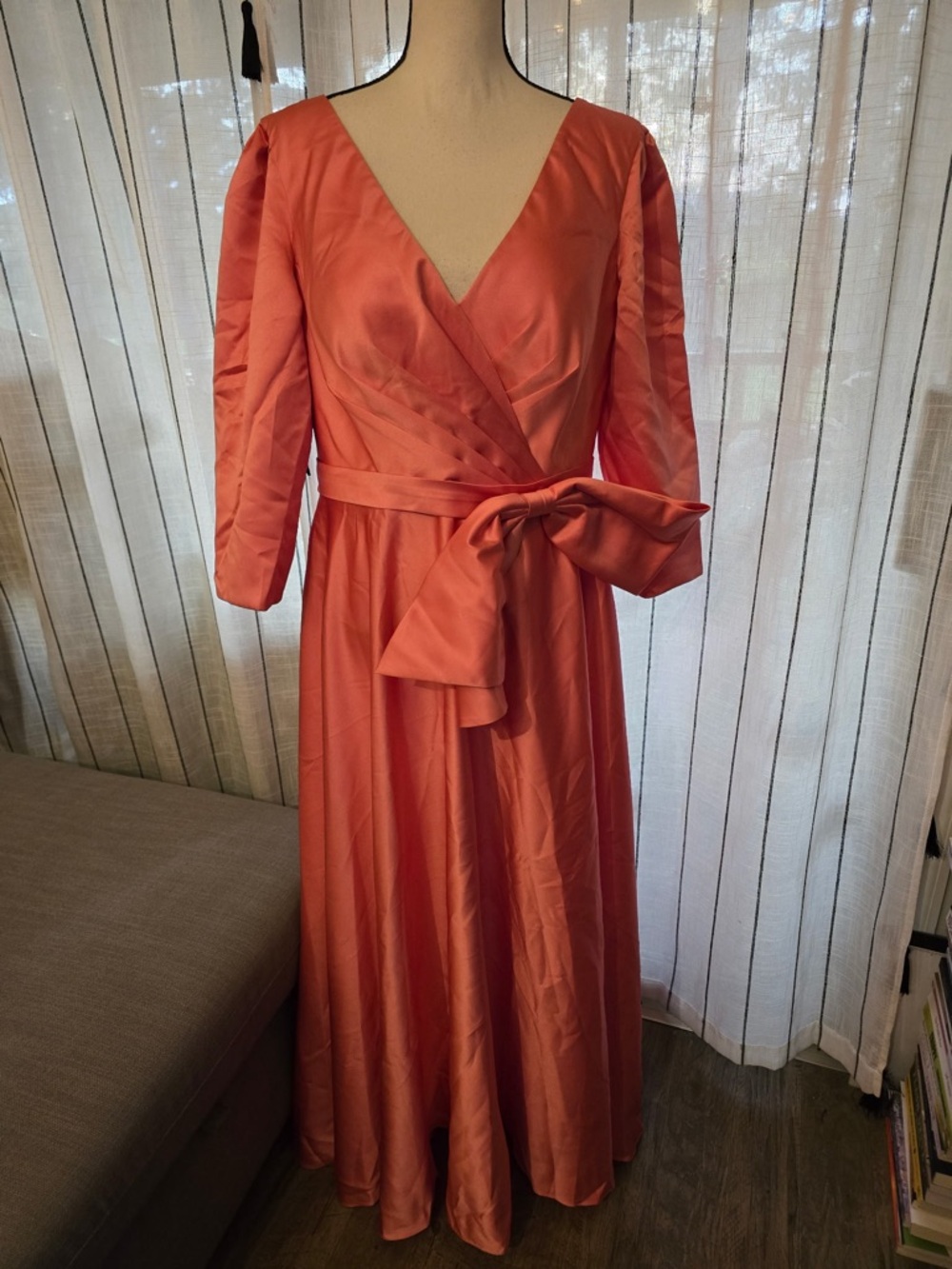Elegant Coral Long-Sleeve Maxi Dress with Sash